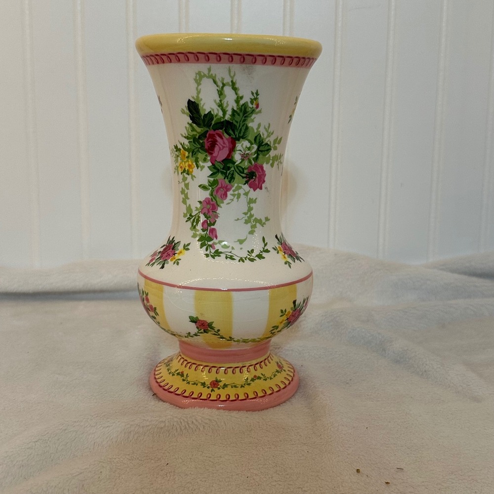 Vintage Laura Ashley Floral Vase FTD 9.5" Yellow White Pink Exc Cottagecore Rose